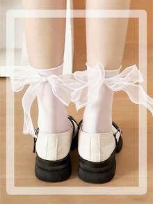 1双蝴蝶结中筒袜夏季丝绒薄款甜美清凉冰袜洛丽塔JK堆堆袜 - 彩色 - 查看 3