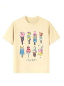 少女休闲趣味印花圆领短袖T恤，夏季上衣 - 杏色 - 查看 4