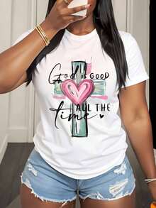 God Is Good All The Time Christian Cross Heart T Shirt For Women Faith Inspired Religious Top Cute Summer Outfit Mother Day Gift Idea,220g - 白色 - 查看 2