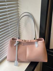 1 pieza Bolso de mano grande con capacidad de carga, decorado con correa rosa, de piel sintética con parches, bolso de hombro para mujer, nueva llegada de primavera - Rosa - Ver 3
