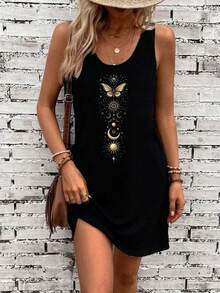 Casual Minimalist Star, Moon  Butterfly Print Yoga Dress, Suitable For Summer Suitable For Going Out Chic Dress,Casual - 黑色 - 查看 1