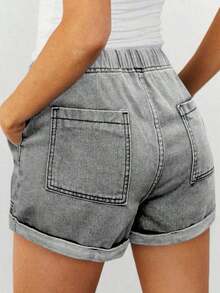 Women's Lightweight Summer Denim Shorts, Casual Loose Drawstring Elastic Waist, Cuffed Hem, Comfortable Vacation Denim Shorts - Gris Claro - Ver 2