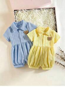 2pcs/Set Summer New Jacquard Fabric Cute Bear Lapel Short Sleeve Jumpsuit Casual Fashion Outfit - Multicolor - View 2
