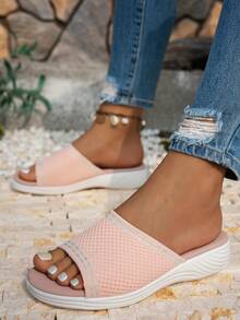 2026 Spring/Summer New Thick Sole Knitted Women Slippers, Sports Wedge One-Piece Slip-On Beach Style Breathable Summer Comfortable Shoes - Baby Pink - View 4
