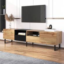 Modern TV Stand With Black And Wood Design: Ample Storage Space, Robust Construction. - Khaki - View 2