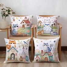 4件套卡通猫咪家居图案抱枕套，单面印花，柔软桃皮绒面料，45*45厘米枕套，适用于家居室内卧室客厅派对装饰，沙发装饰抱枕套，节日礼物（不含枕芯） - 彩色 - 查看 4