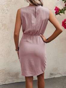 Vestido informal de verano de un solo color con lazo ajustable y sin mangas - Rosa - Ver 2