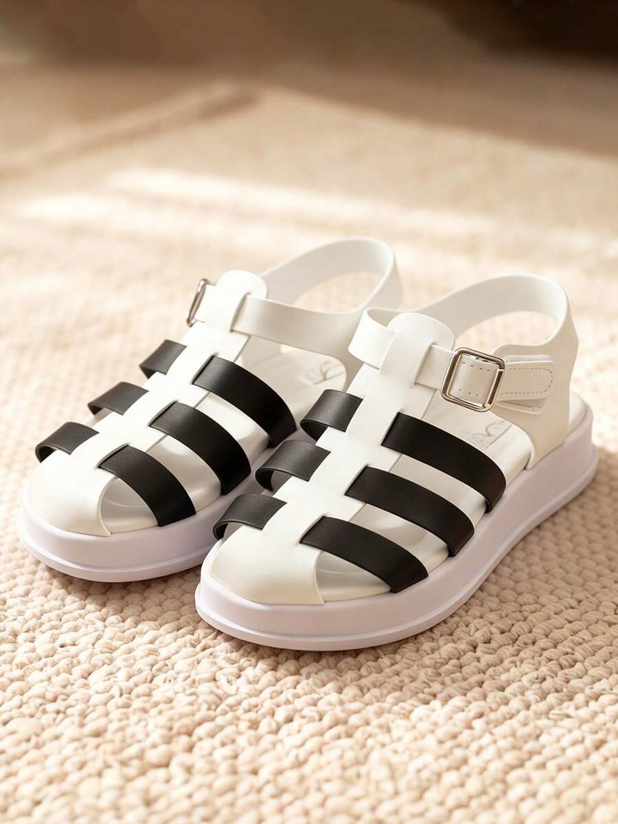 3-12岁儿童可调节魔术贴黑白厚底罗马凉鞋，PU皮革包头，简约时尚街头风，适合日常通勤、度假、摄影 - 黑與白 - 查看 1