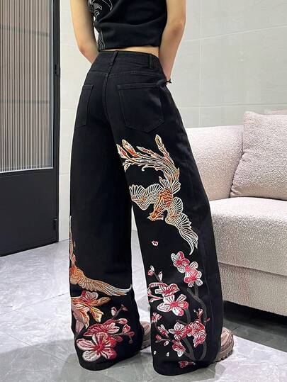 1件装女士休闲宽松印花喇叭牛仔裤，舒适的美式街头风牛仔裤，四季皆宜（不含腰带/配饰）