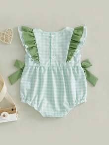 Baby Girl Plaid Romper Summer Fashionable Bow Decor Cow/Dinosaur Embroidery Flying Sleeve Jumpsuit - Green - View 5