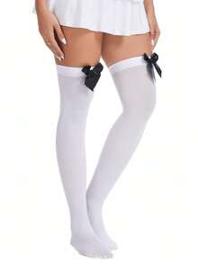 Black Bow Minimalist Thigh High Socks, Skin-Friendly Soft Breathable - White - View 1