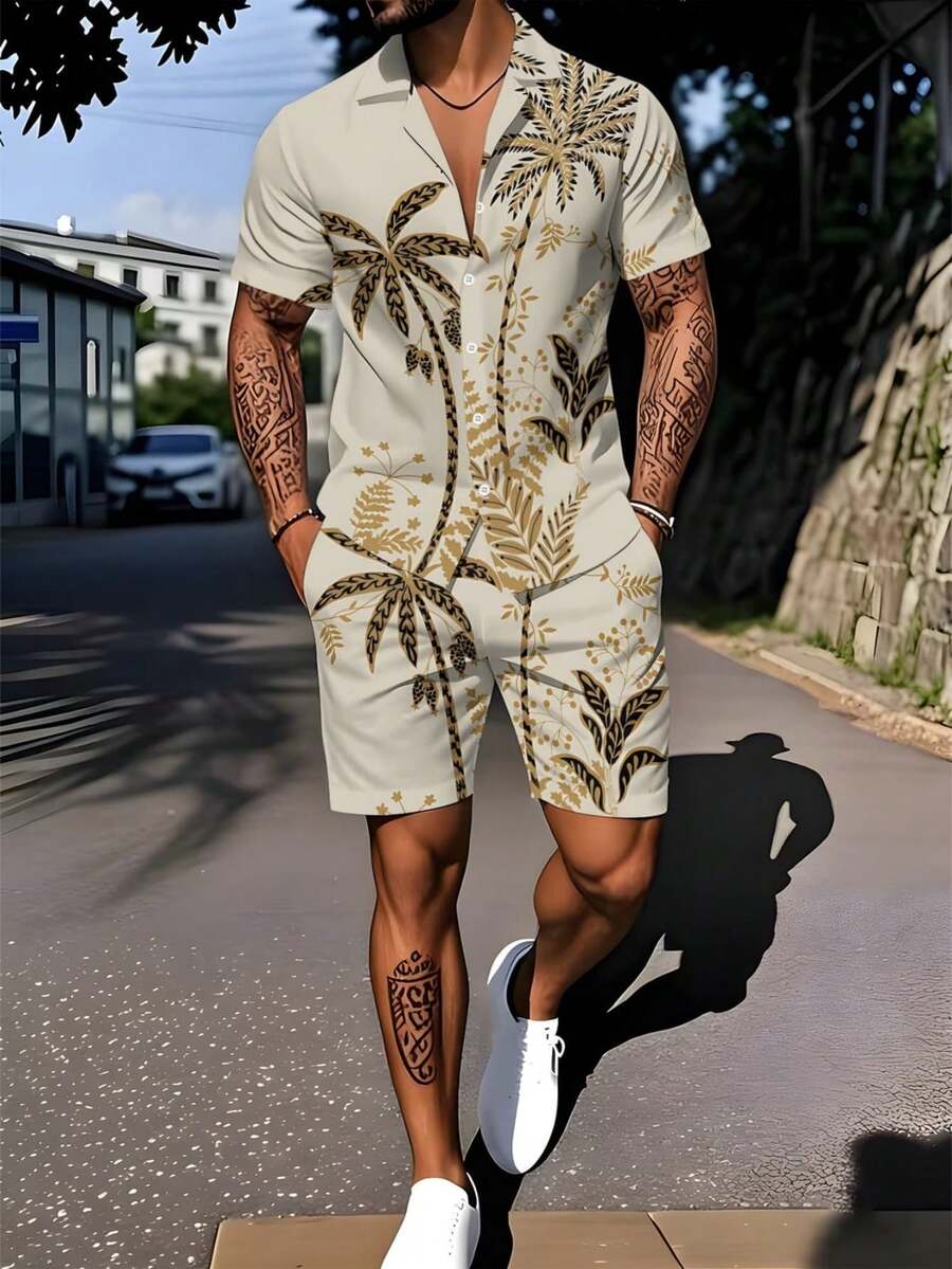 Vintage Palm Tree Plant Full Print Men's Shorts Shirt Set, Lapel, Shirt Shorts, Pocket, Polyester Fabric, Lightweight & Breathable, Men's Clothing, Regular Men's Clothing, Two-Piece Set, Men's Two-Piece Set, Fashion Two-Piece Set - 彩色 - 查看 1