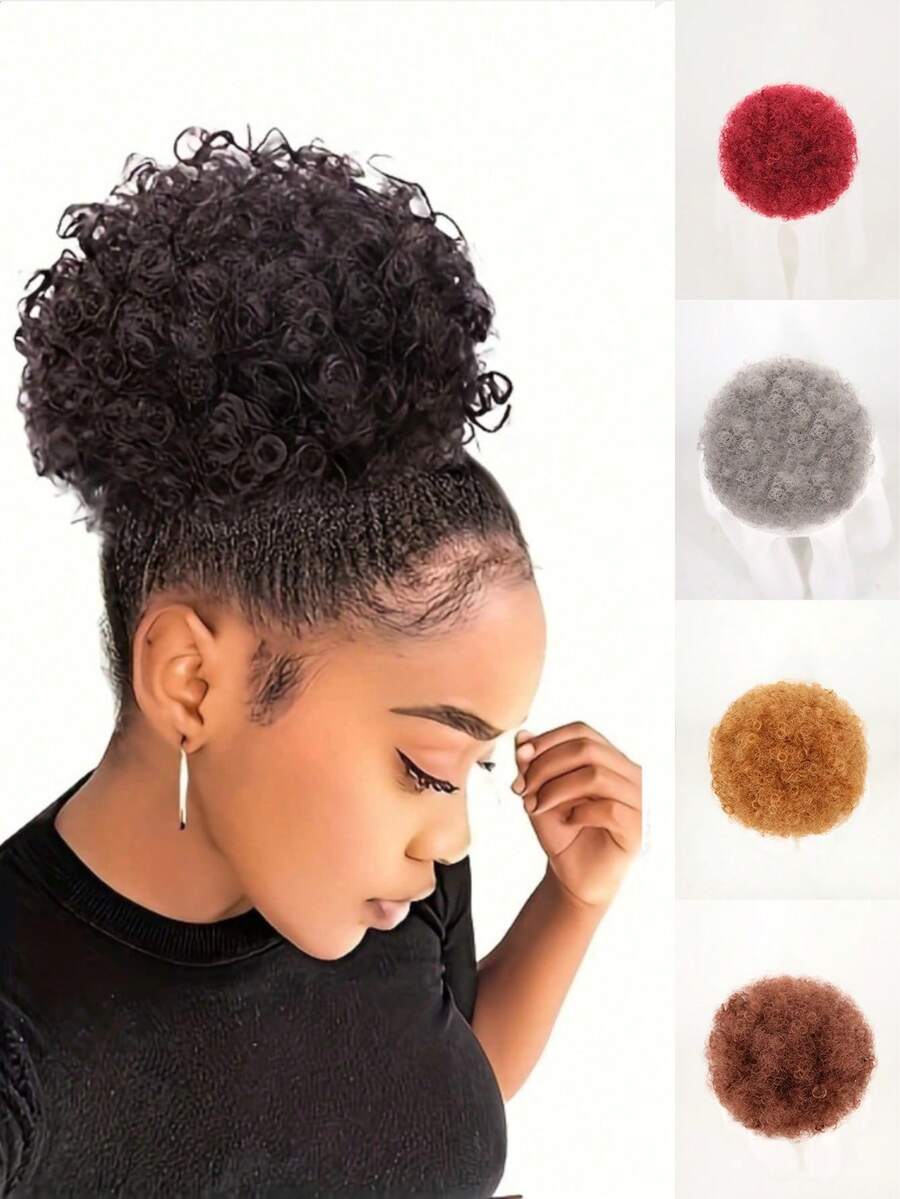 1件装6英寸短款非洲卷发发髻马尾假发，合成扭辫发髻马尾夹式接发，适合派对、圣诞节、万圣节等场合 - 彩色 - 查看 1