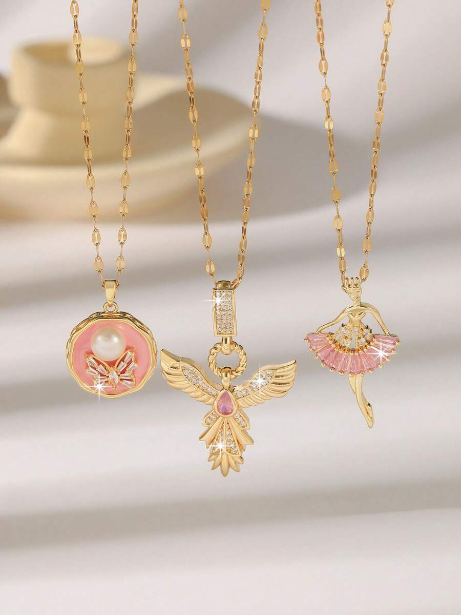 1件粉色立方氧化锆凤凰、芭蕾舞女孩、花朵吊坠项链，适合女性日常通勤、约会、送礼，轻松散发青春活力，百搭各种风格，闪耀迷人光彩。 - 金色 - 查看 1
