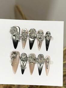 10Pcs/Set Handmade Press-On Nails, Y2K Extra Long Stiletto Nail Tips, Black Silver French Cat Eye Gel Nail Stickers With Crystal, Flower, Butterfly & Heart Designs, Unisex For Women & Girls, Perfect For Party, Prom & Daily Wear, With Accessories, Ideal Gift - Multicolor - View 5