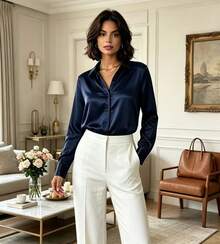 Women's Satin Shirt With Long Sleeves And Buttons - Office Style - Màu xanh hải quân - Xem 1