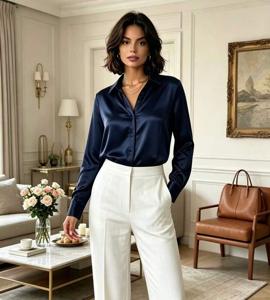 Women's Satin Shirt With Long Sleeves And Buttons - Office Style - Màu xanh hải quân - Xem 1
