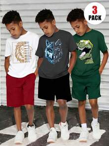 3pcs/Set Boys' Dinosaur, Wolf, Lion Graphic Round Neck T-Shirts, Fashionable & Comfortable Daily Wear, New Summer Collection - Multicolor - View 1