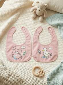 2pcs/Set Cute Baby Bibs, Waterproof & Soft Dolphin & Duck Pattern Feeding Bibs With Adjustable Snap Closure - Dolphin & Duck - View 3