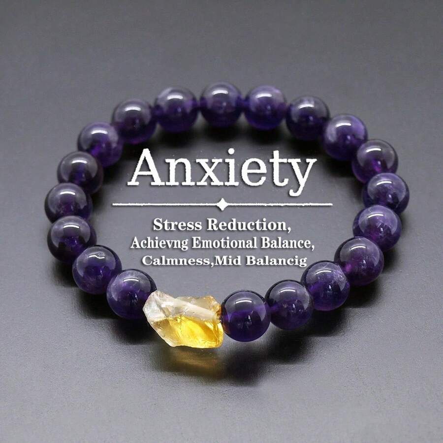 Anxiety Relief Amethyst And Citrine Beaded Bracelet, Helps To Calm And Keep Calm, Unisex Elastic Cord Skin-Friendly Jewelry, Suitable For Daily Wear - Multicolor - View 1