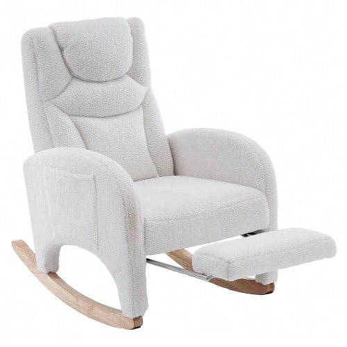 052 Rocking Chair, Reclining Armchair, Lounge Chair With Armrests, Upholstered Rocking Chair, Bedroom Accent Chair, White Plush Fabric, 110 Kg Load Capacity - 白色 - 查看 1