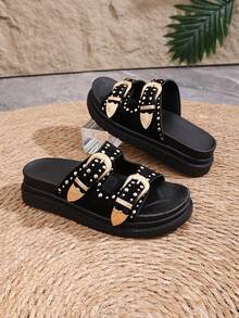 Koleksi Terbaru Sepatu Wanita Ukuran Besar Musim Semi 2026, Sandal Pantai Luar Ruangan Sol Tebal Gaya Eropa dan Amerika, Sandal Musim Panas - Hitam - View 4