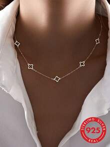 1pc 925 Sterling Silver Hollow Four-Leaf Flower Necklace, Charming Delicate & Fashionable Jewelry Gift For Women, Suitable For Daily Wear, Festivals, Party Decoration - Silver - View 1