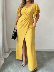 Vestido largo de mujer talla grande de cuello en V verde profundo, vestido de noche elegante con mangas cortas con volantes, cintura cruzada y abertura alta, vestido formal de fiesta de boda - Amarillo - Ver 5