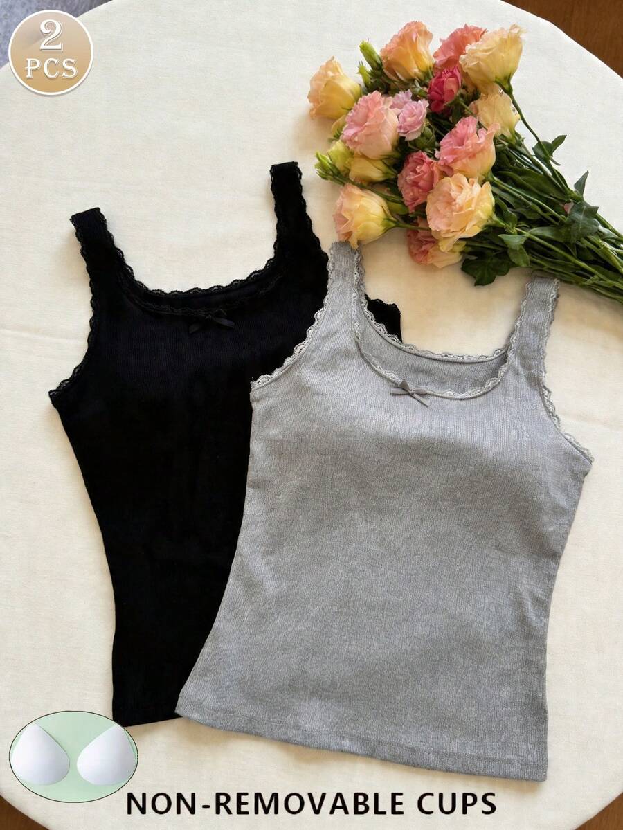 2pcs Women's Basic Camisole, Simple & Fashionable Comfortable Casual For Summer, Bow Lace Camisole - Multicolor - View 1