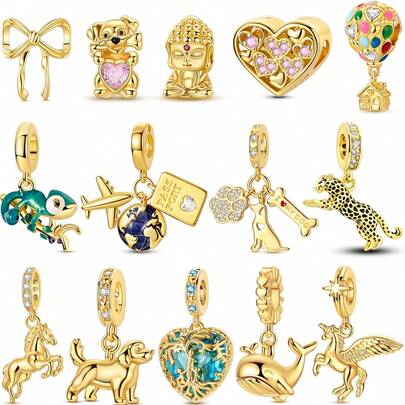 1 件 18K 镀金复古心形飞机马独角兽变色龙豹狗动物系列吊坠，适合搭配原装手链项链，DIY 首饰制作，是女士日常首饰配饰和生日礼物的理想之选。