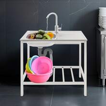 SENDERPICK Kitchen Single Bowl Sink Free Standing Sink Sink With Operation Countertop And Bottom Shelf - Silver - View 2