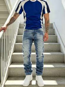 Men's High Stretch Straight Leg Casual Washed Distressed Minimalist Retro Jeans - Royal Blue - View 3