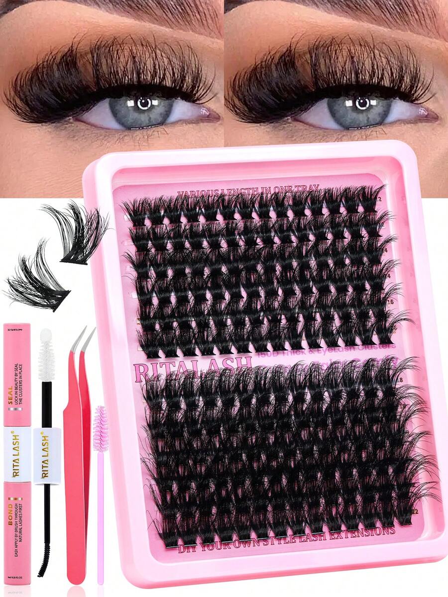 RITALASH 168PCS 睫毛簇套装 150D 睫毛簇套装 12-22mm 浓密型睫毛簇 D 卷曲睫毛簇 3D 纤细睫毛簇 DIY 睫毛嫁接套装(150D-12-22MIX 浓密套装) - 黑色 - 查看 1