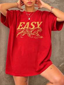Vintage Retro Tiger T-Shirt, Vintage Distressed Tiger Shirt, Oversized Retro Tiger Tee,  Grunge Boho Shirt, Graphic Tee Valentine Outfits For Women  New Years Outfit Women - 紅色 - 查看 1