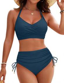 Women's High Waisted Bikini Sets, Crisscross Tie Back Drawstring Tummy Control Two Piece Swimsuits Bathing Suit - 藍色 - 查看 1