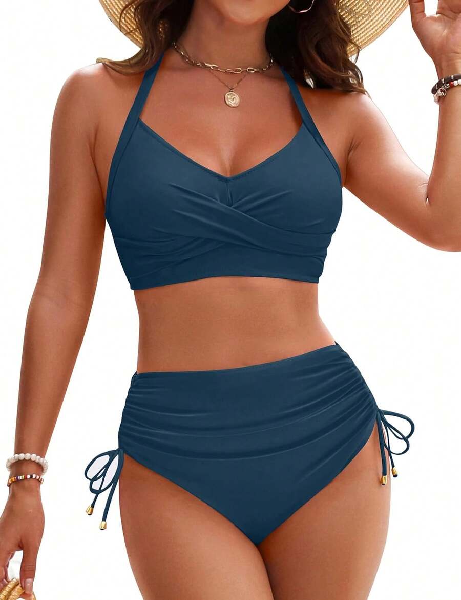 Women's High Waisted Bikini Sets, Crisscross Tie Back Drawstring Tummy Control Two Piece Swimsuits Bathing Suit - 藍色 - 查看 1