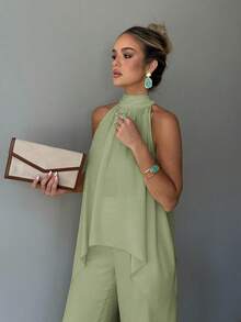 2pcs Set Solid Color Elegant Casual Party Front Short Back Long Twist Halter Neck Long Top & Pants Women Suit, Vacation & Date Outfit, Spring/Summer - Bean Green - View 4