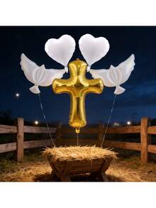 Set de 5 piezas de globos de aluminio con forma de cruz dorada, paloma blanca y corazón, adecuado para celebrar nacimientos, compromisos, propuestas, cumpleaños, aniversarios, bodas, Eid, Pascua, fiestas de regreso a la escuela y talla grande - multicolor - Ver 3