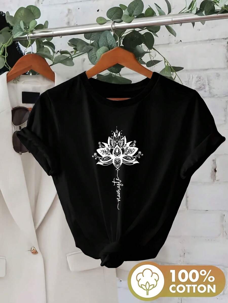 -Short-Sleeved, Round-Neck Shirt With A Zen Print, Summer Serenity - Velvet Willow - Black - View 1