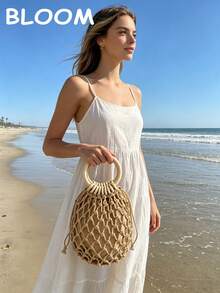 1pc Woven Round Hollow Boho Tote Bag, Wooden Handle Drawstring Bucket Bag For Summer Beach Vacation Daily Bags For Women Bolsos Para Mujer - 彩色 - 查看 4