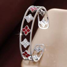 1pc Minimalist Geometric Floral Open Cuff Bracelet Inlaid With Artificial Zirconia For Women - Multicolor - View 12