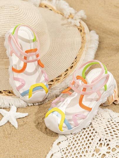 1 Pair Girls' Colorful Peep-Toe Sports Sandals, Featuring Multi-Color Woven Strap Patchwork Design, Macaron Contrast Color Style, Vibrant And Fresh, Suitable For Outdoor Activities, Beach, And Hot Weather Due To Breathable Structure