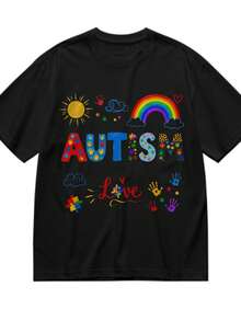 Camiseta moderna y linda para promover la aceptación y comprensión del autismo. Camiseta de mujer con estampado de dibujos animados, holgada, de manga corta, cuello redondo, elegante, unisex, de corte suelto, adecuada para salir, con estampado de estilo vintage. Cuello redondo, manga corta, lavable a máquina. Perfecta para Pascua y el Día de la Madre. - Negro - Ver 2