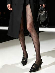 1 đôi quần tất nữ họa tiết hình thoi Argyle, mỏng nhẹ, kiểu dáng đường phố Y2K mùa hè. - màu đen - Xem 2