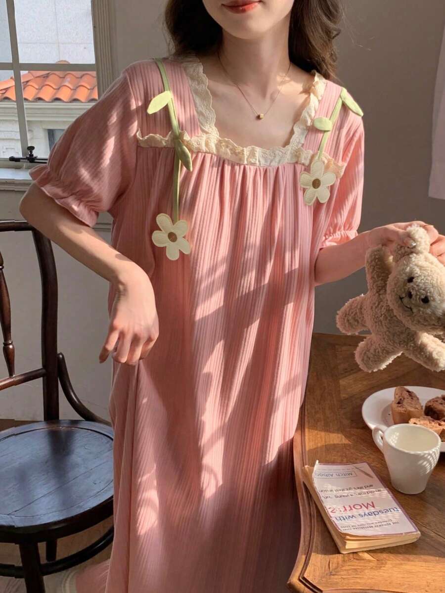 Women's Sleepwear Dress, Solid Color Square Neck Nightgown, Contrast Color Cute Cartoon Casual Sleepwear Dress, Suitable For Spring And Summer - Pink - View 1