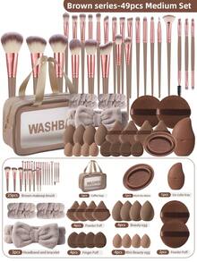 49件套专业化妆工具套装，包含25支柔软化妆刷、防水多功能拉链化妆包、化妆海绵、迷你海绵、三角粉扑、气垫粉扑、发带腕带、刷子清洁器、面部冰敷袋、圆形粉扑，女士全能美妆套装 - 彩色 - 查看 1