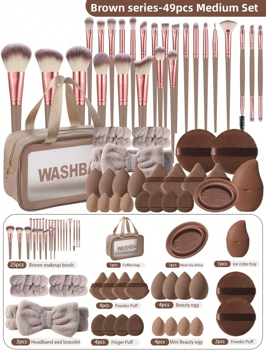 49件套专业化妆工具套装，包含25支柔软化妆刷、防水多功能拉链化妆包、化妆海绵、迷你海绵、三角粉扑、气垫粉扑、发带腕带、刷子清洁器、面部冰敷袋、圆形粉扑，女士全能美妆套装 - 彩色 - 查看 1