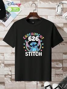 Disney "Experiment 626" 100% Cotton T - Shirt – Stitch Retro Rainbow Stars Design – Unisex Casual Tee For Men & Women (Lilo & Stitch Fans)​ - 黑色 - 查看 1