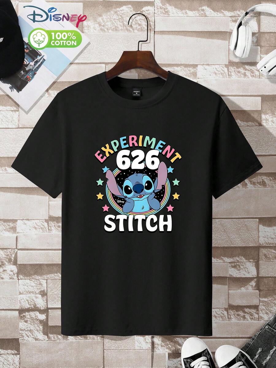 Disney "Experiment 626" 100% Cotton T - Shirt – Stitch Retro Rainbow Stars Design – Unisex Casual Tee For Men & Women (Lilo & Stitch Fans)​ - 黑色 - 查看 1