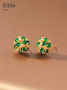 Hihho 1 Pair Luxury Fashion Jewelry Emerald Zirconia Series Earrings, Including Spherical Fully Paved, Multi-Layer Hoop, And C-Shaped Four-Leaf Clover Decor Styles. The Emerald Zirconia Paired With Gold Elements Maintains A Unified Style With Diverse Designs, Suitable For Evening Gala, Holiday Party, Date And Other Occasions - Yellow Gold - View 4